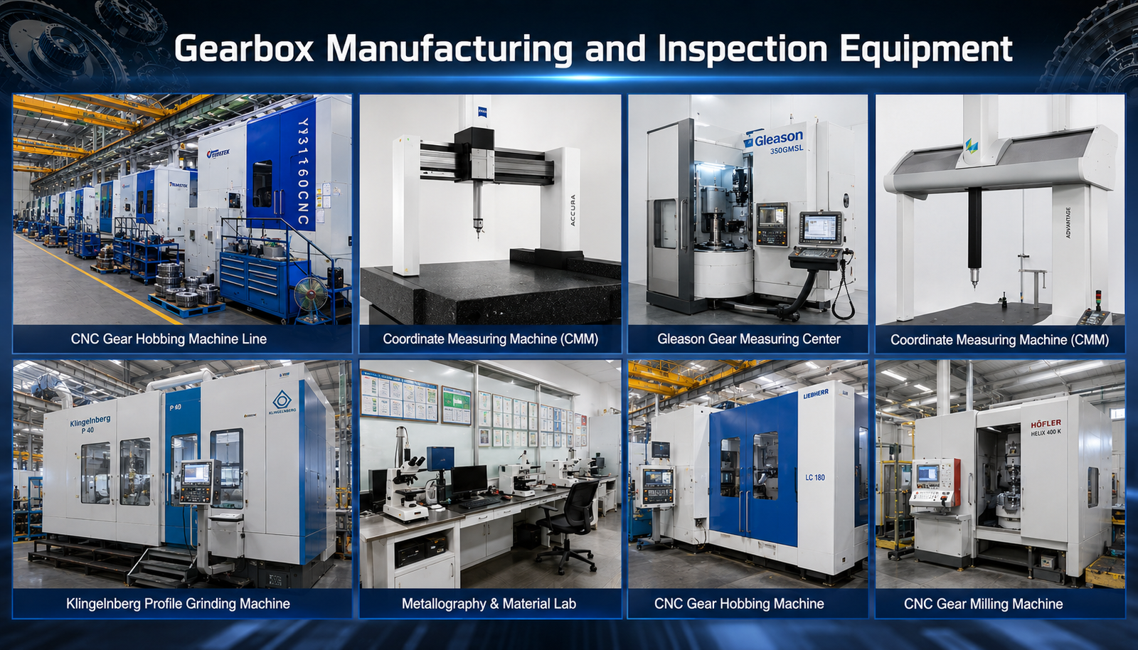 Industrial gearbox production and inspection equipment at Transmek factory, including CNC gear hobbing machines, profile grinding machine, coordinate measuring machines, Gleason gear measuring center, and metallography lab